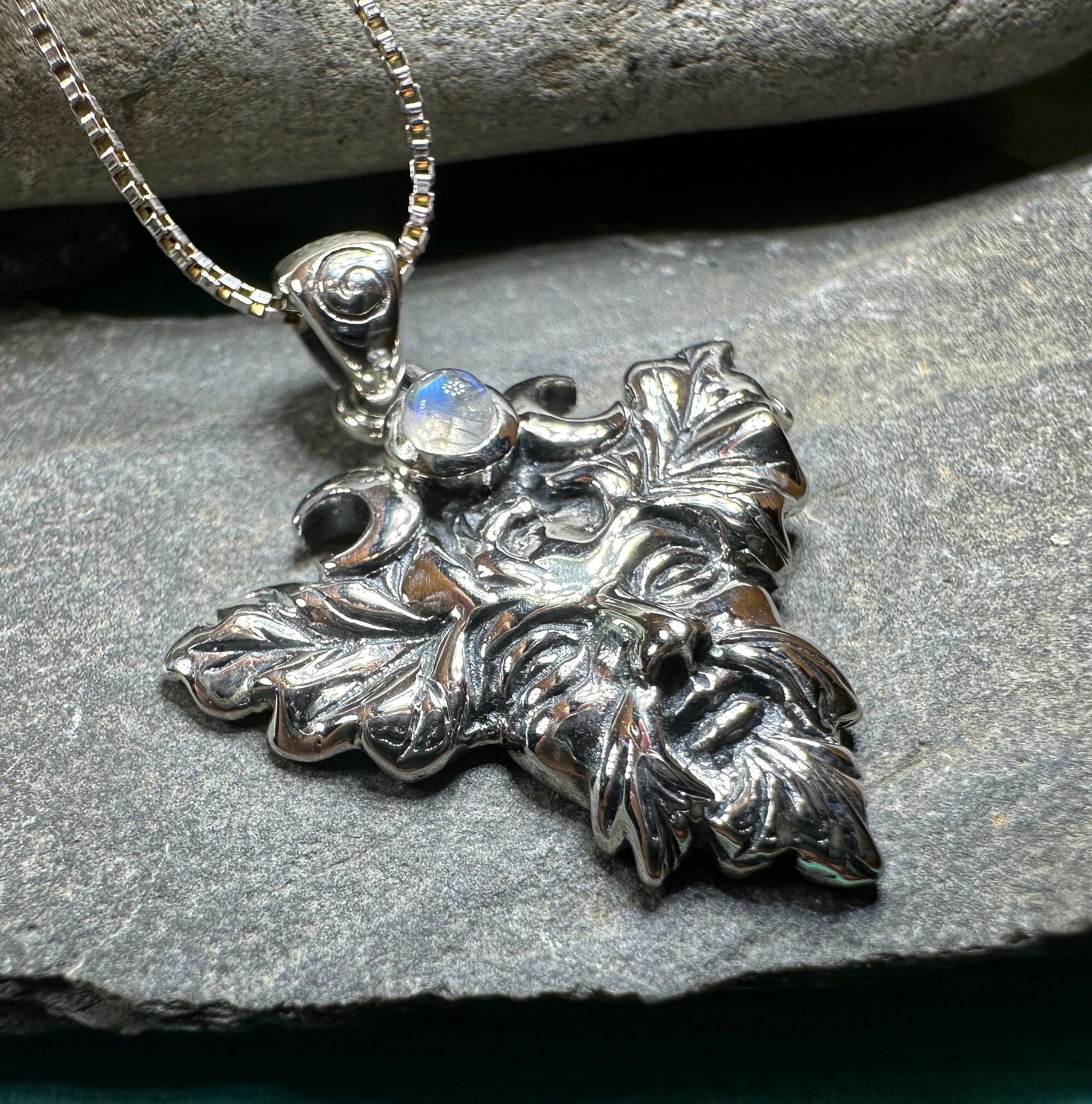 Huelgoat Green Man Moonstone Necklace in Sterling Silver