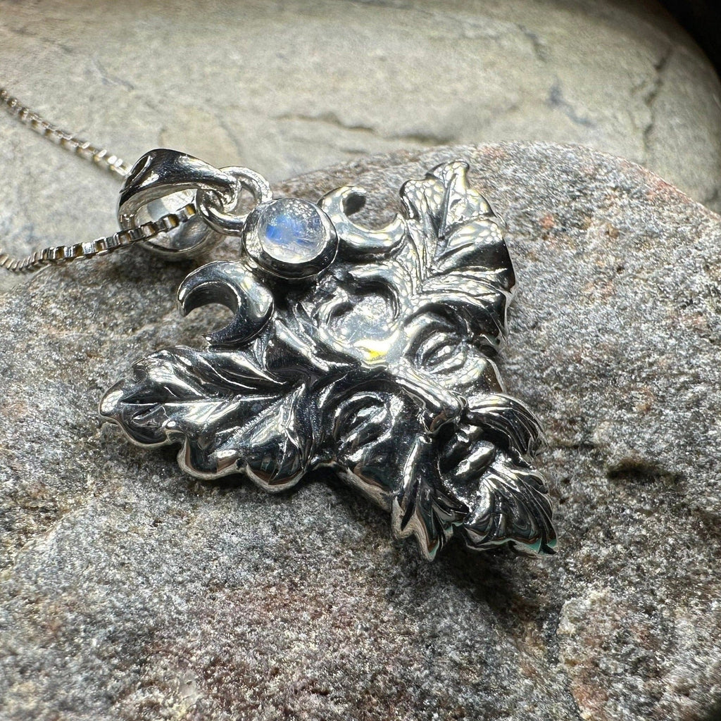 Huelgoat Green Man Moonstone Necklace in Sterling Silver