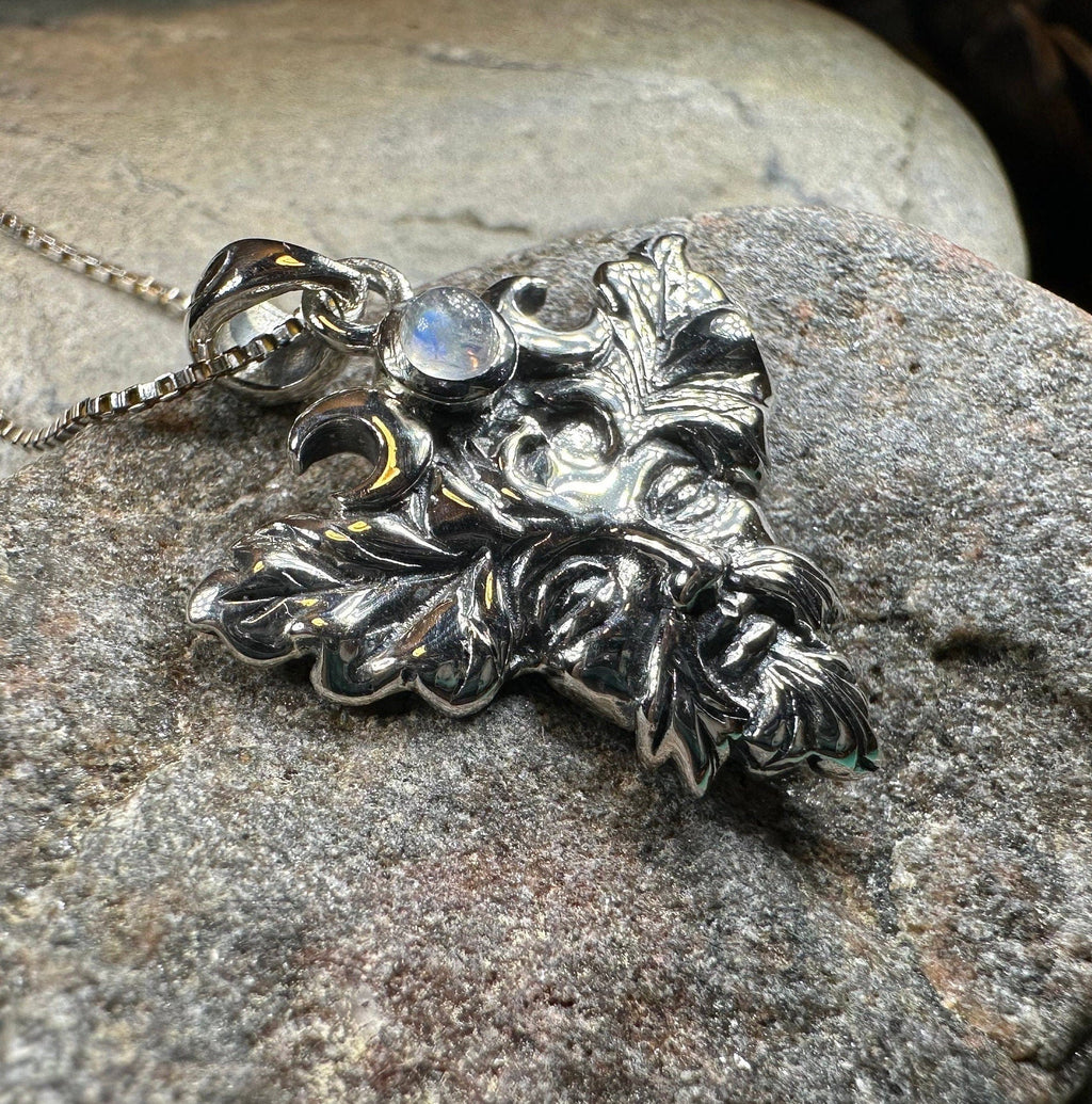 Huelgoat Green Man Moonstone Necklace in Sterling Silver