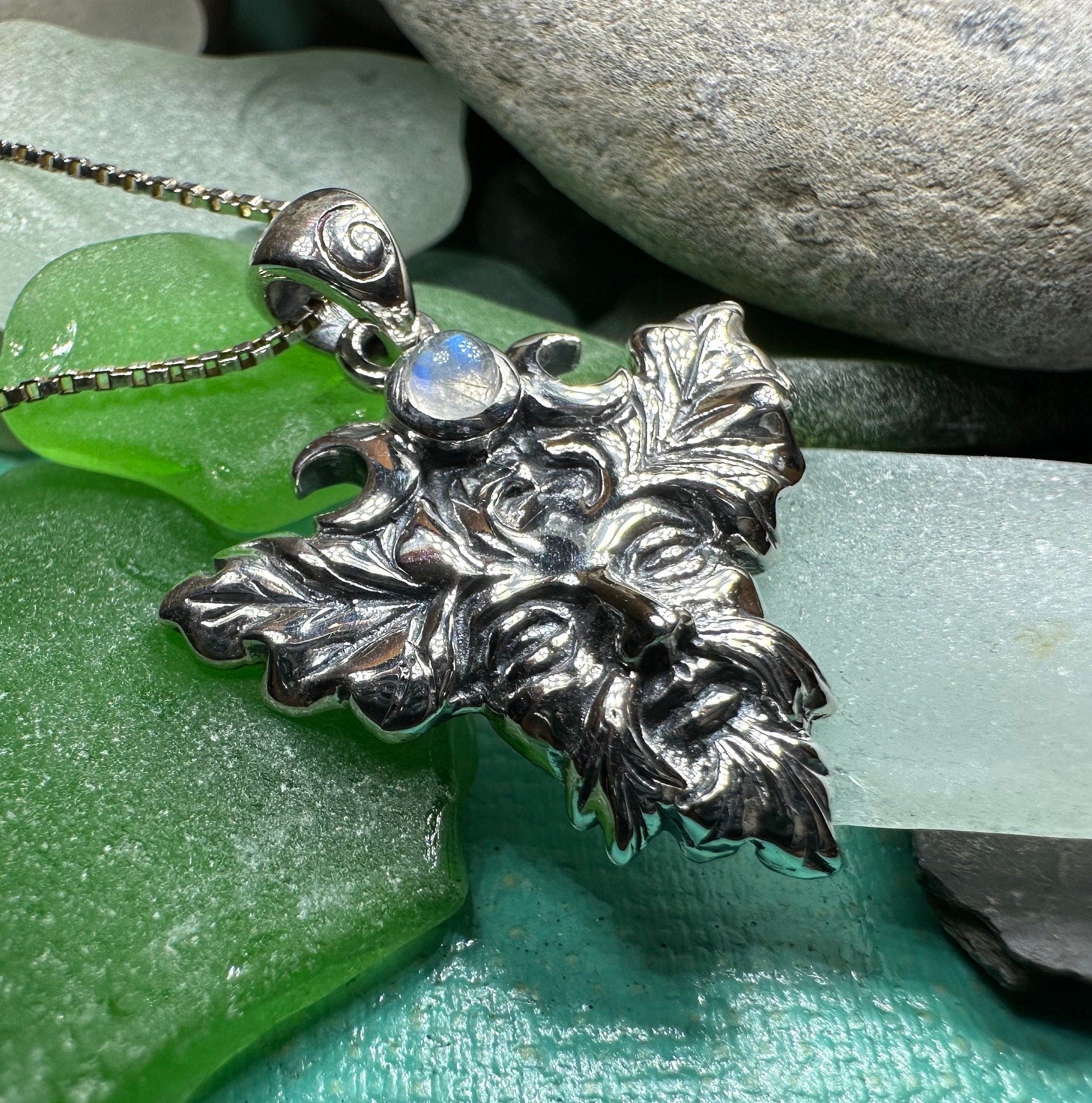 Huelgoat Green Man Moonstone Necklace in Sterling Silver