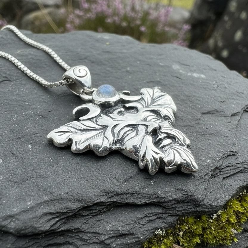 Huelgoat Green Man Moonstone Necklace in Sterling Silver