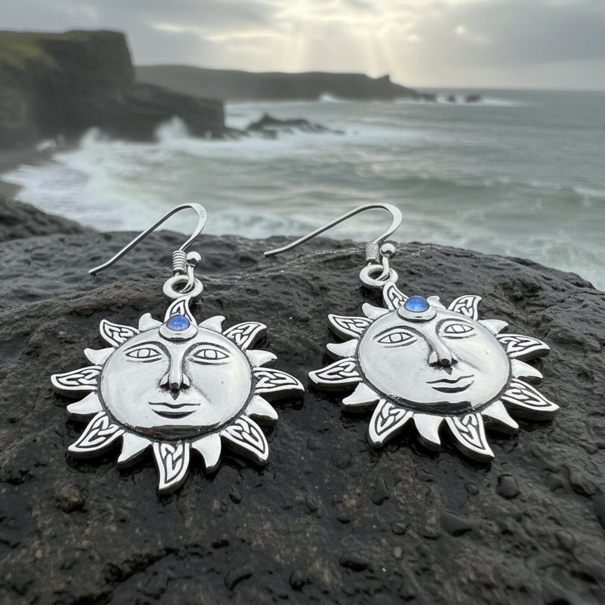 Celtic Skies Sun Moonstone Earrings in Sterling Silver