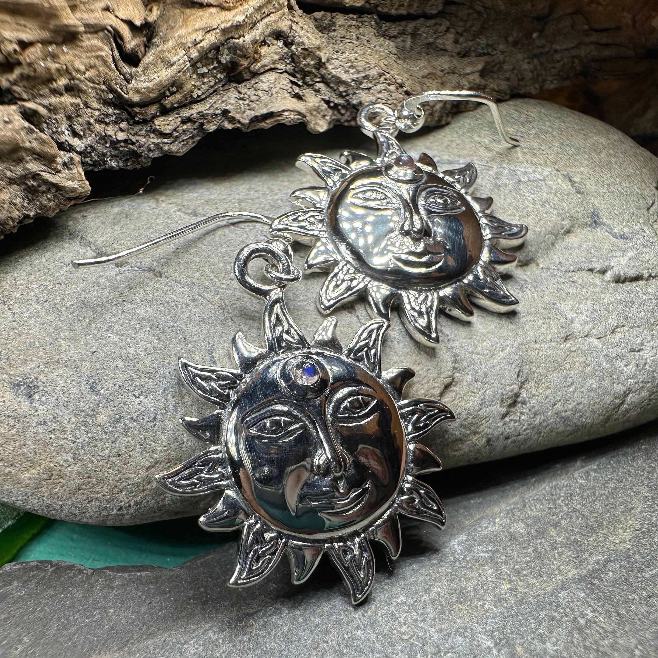 Celtic Skies Sun Moonstone Earrings in Sterling Silver