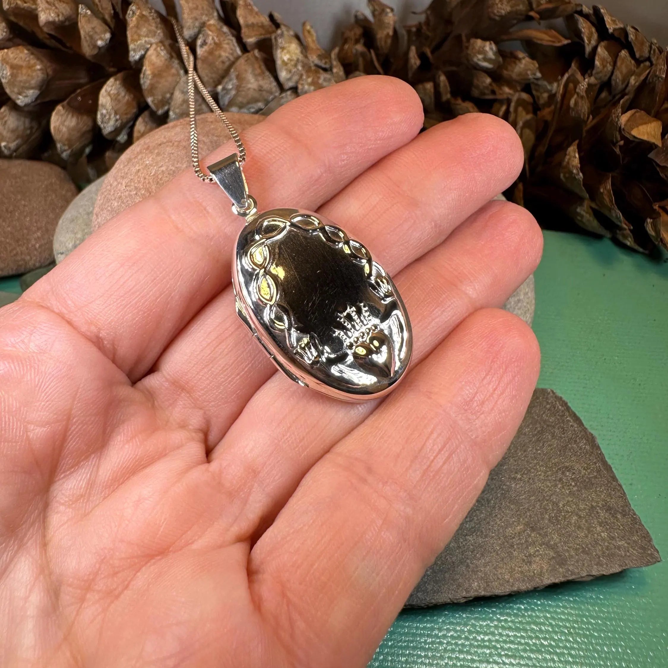 Oval Claddagh Locket Necklace in Sterling Silver