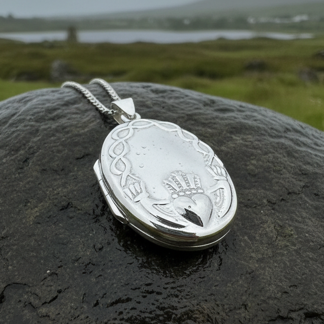 Oval Claddagh Locket Necklace in Sterling Silver
