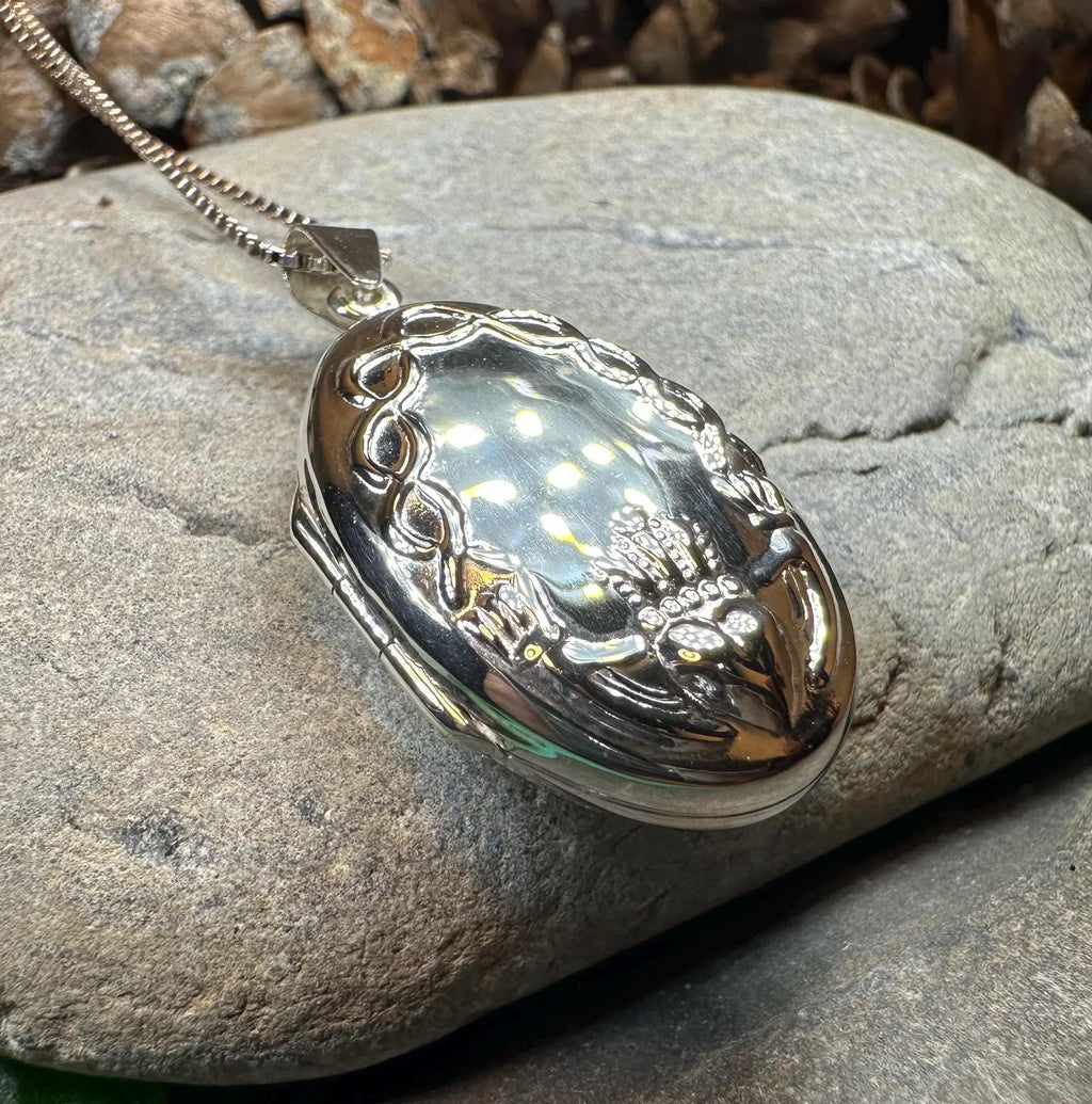 Oval Claddagh Locket Necklace in Sterling Silver