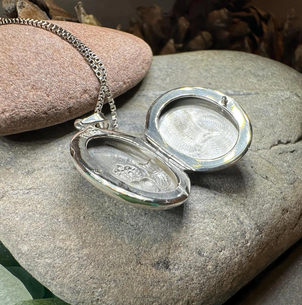 Irish Claddagh Locket Necklace in Sterling Silver