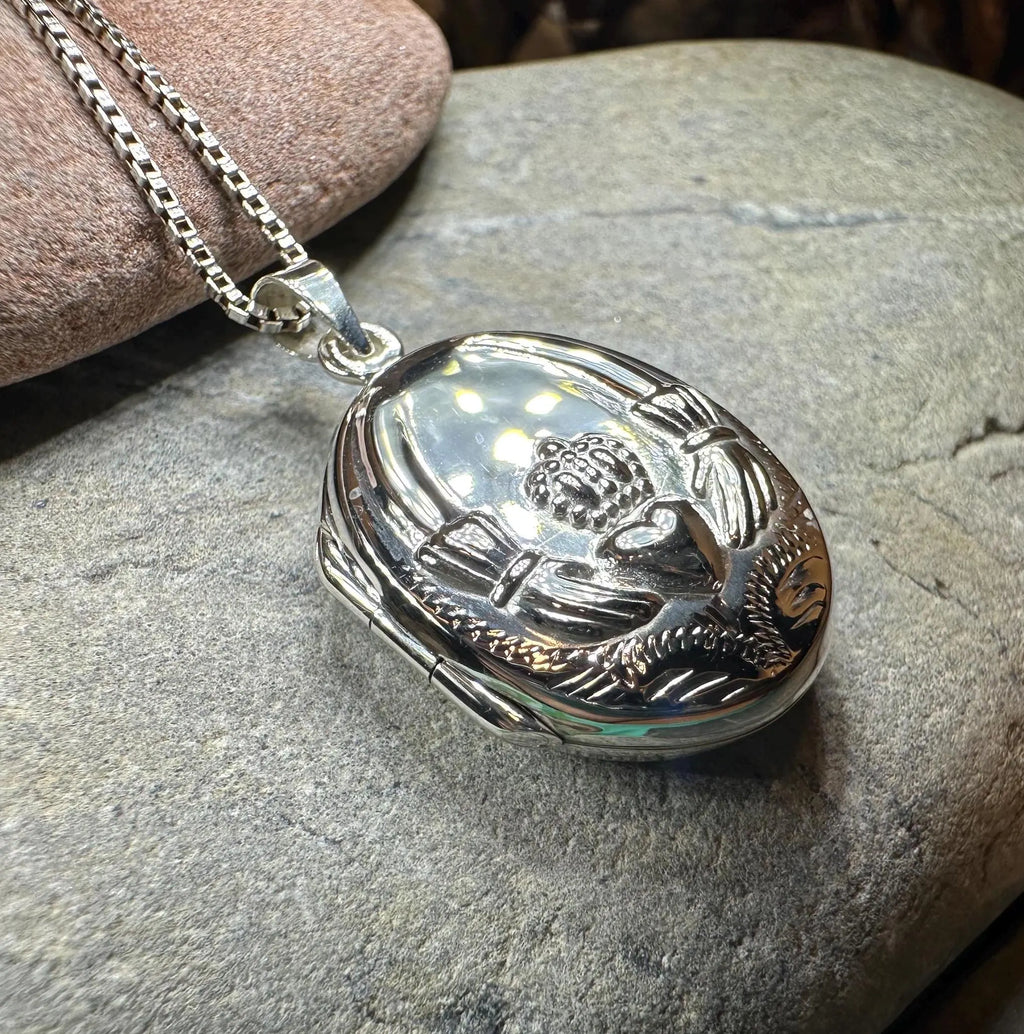 Irish Claddagh Locket Necklace in Sterling Silver