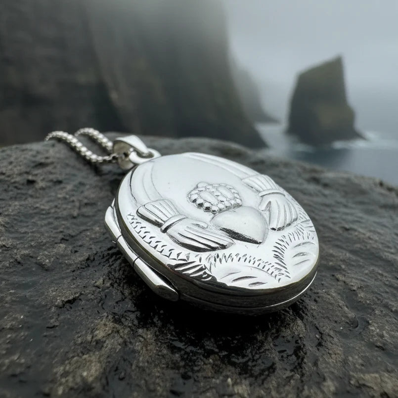 Irish Claddagh Locket Necklace in Sterling Silver
