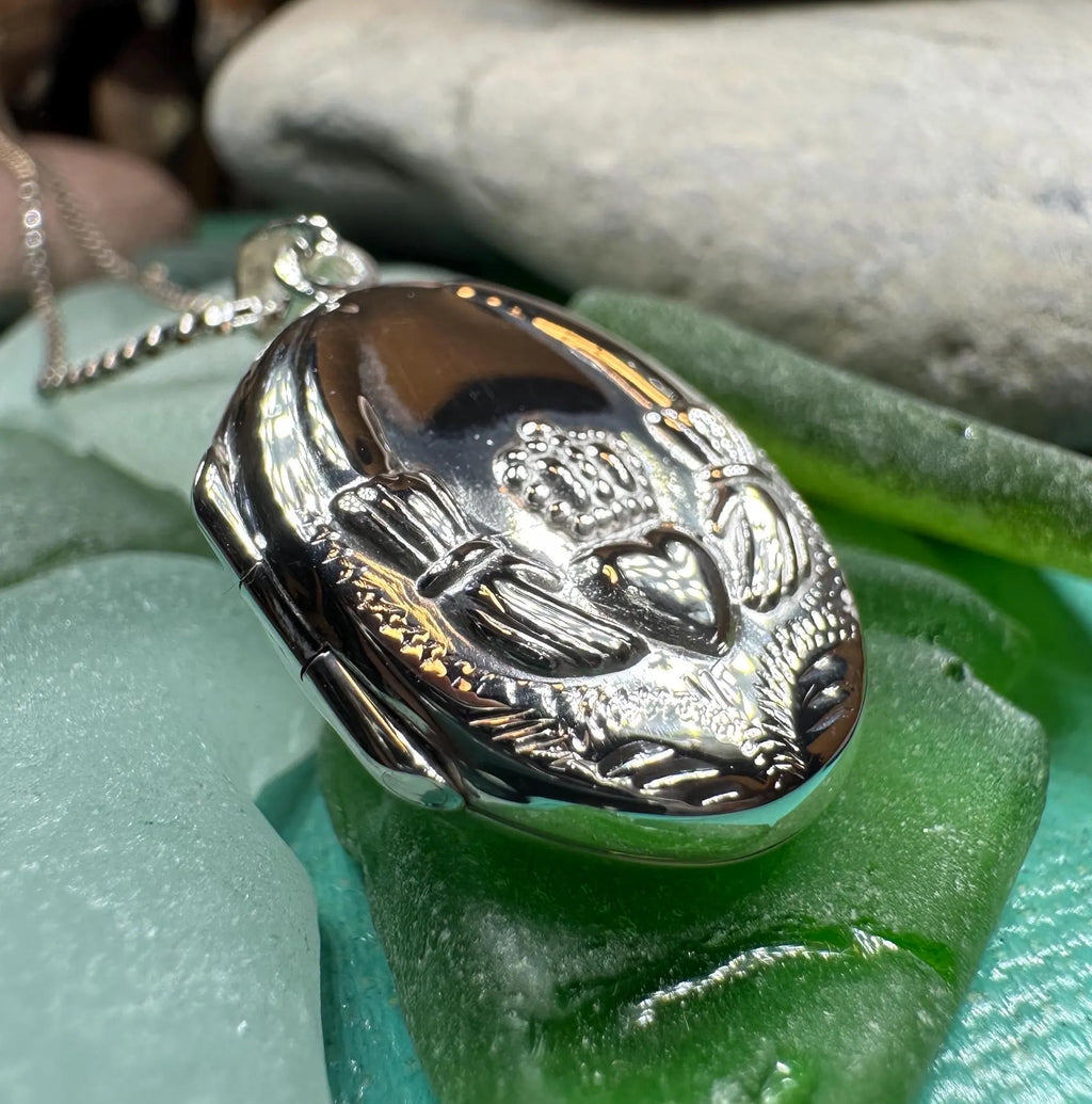 Irish Claddagh Locket Necklace in Sterling Silver