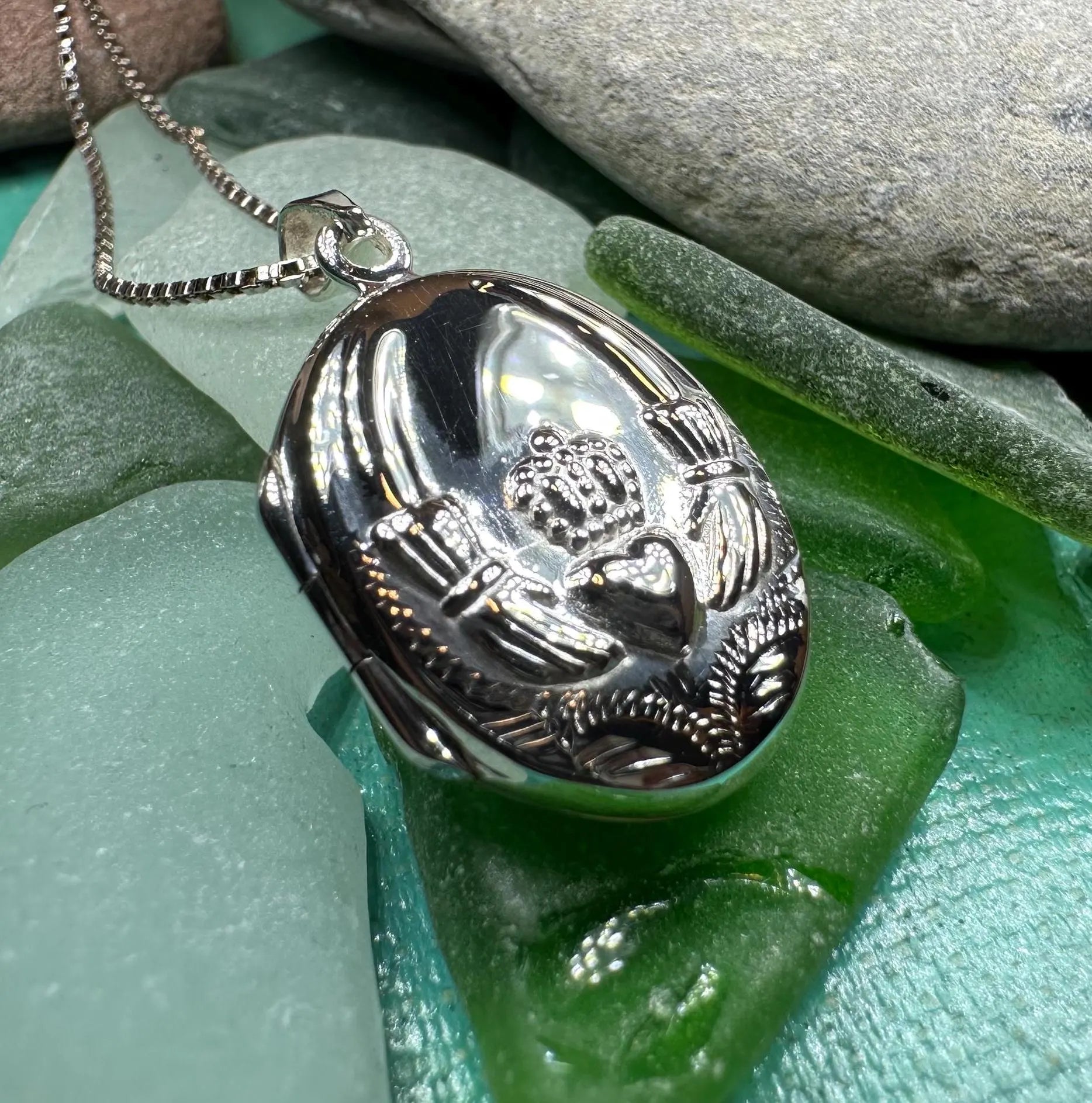 Irish Claddagh Locket Necklace in Sterling Silver