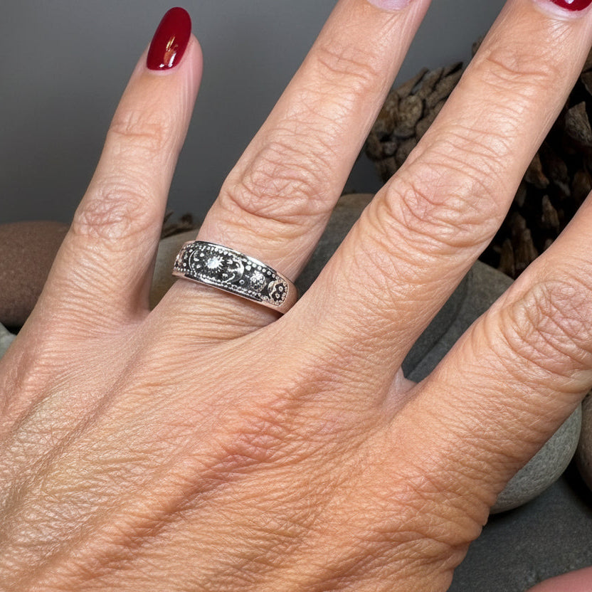 Heavenly Celestial Crescent Moon & Sun Ring in Sterling Silver