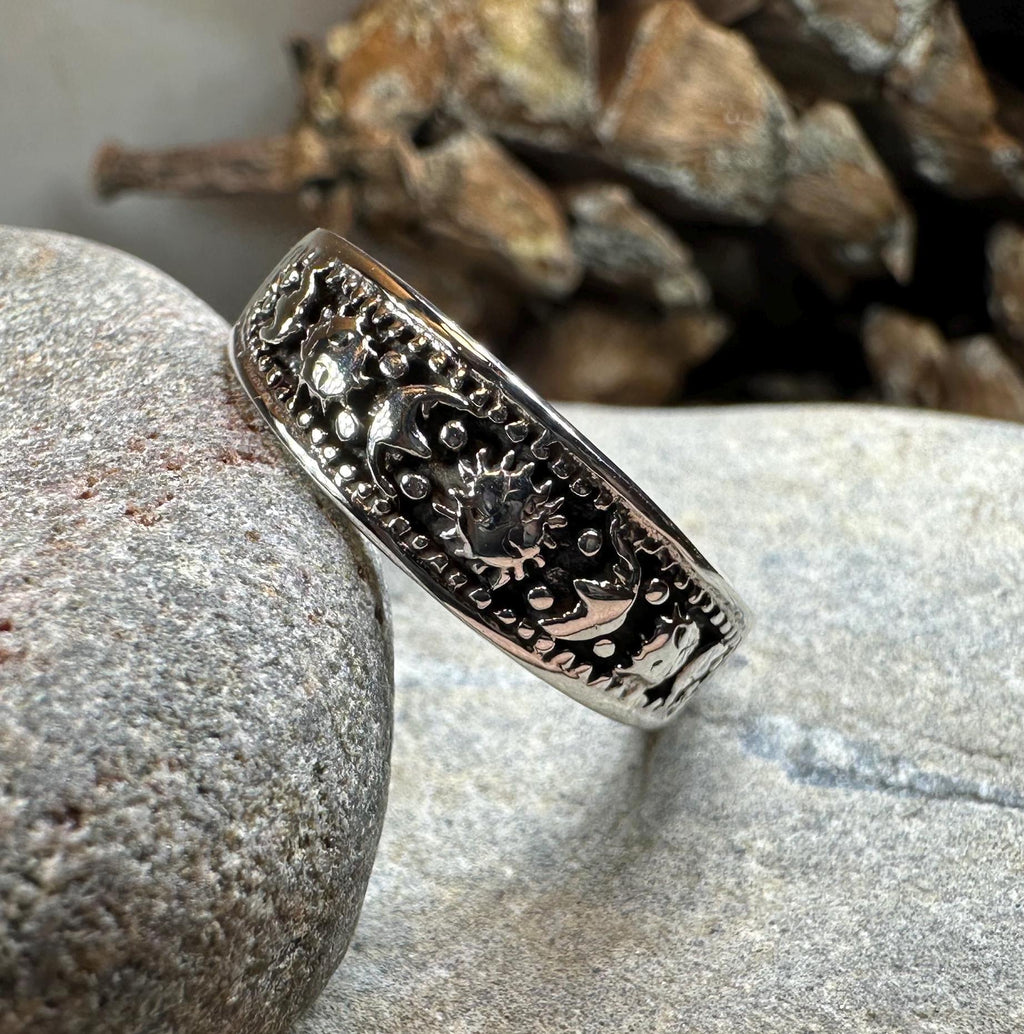 Heavenly Celestial Crescent Moon & Sun Ring in Sterling Silver