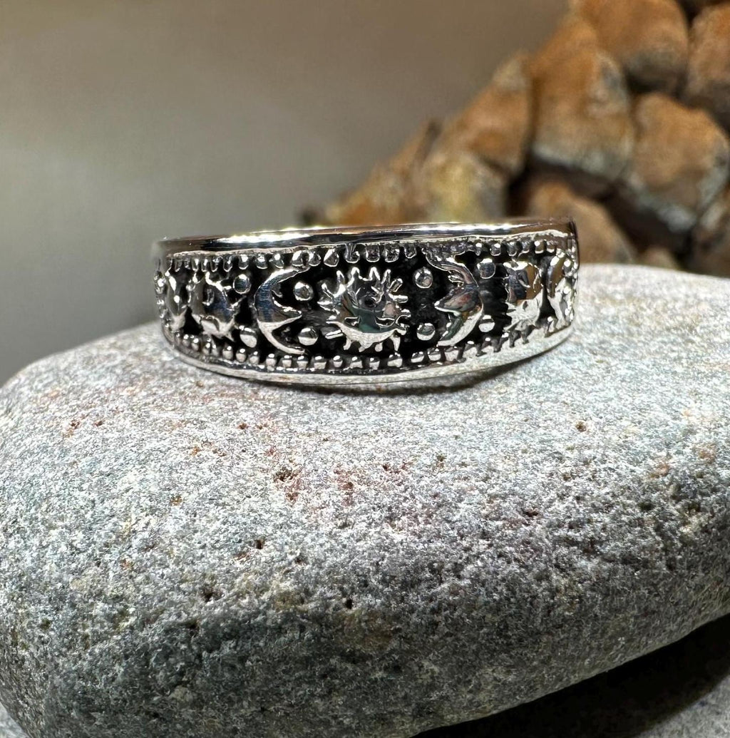 Heavenly Celestial Crescent Moon & Sun Ring in Sterling Silver