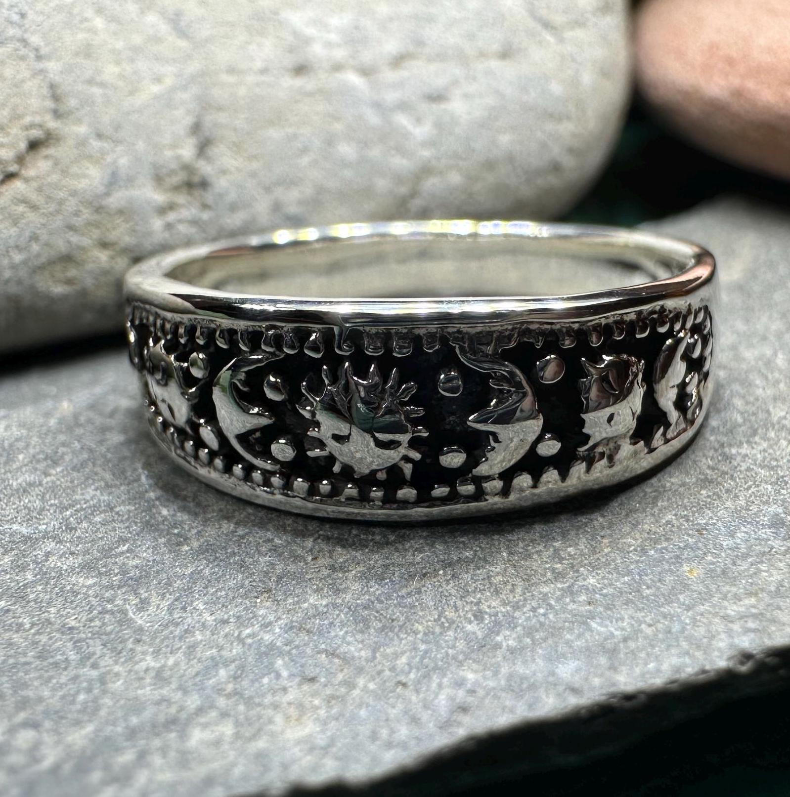 Heavenly Celestial Crescent Moon & Sun Ring in Sterling Silver