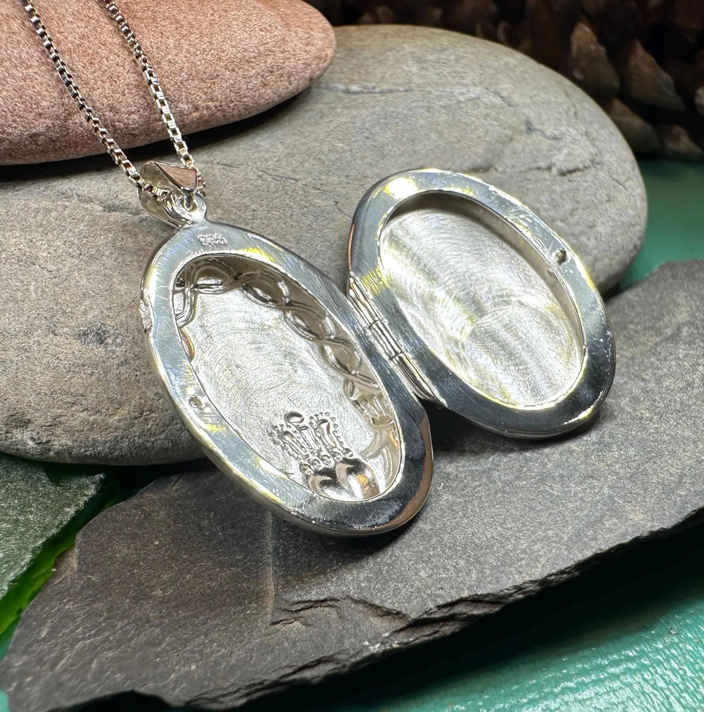 Oval Claddagh Locket Necklace in Sterling Silver