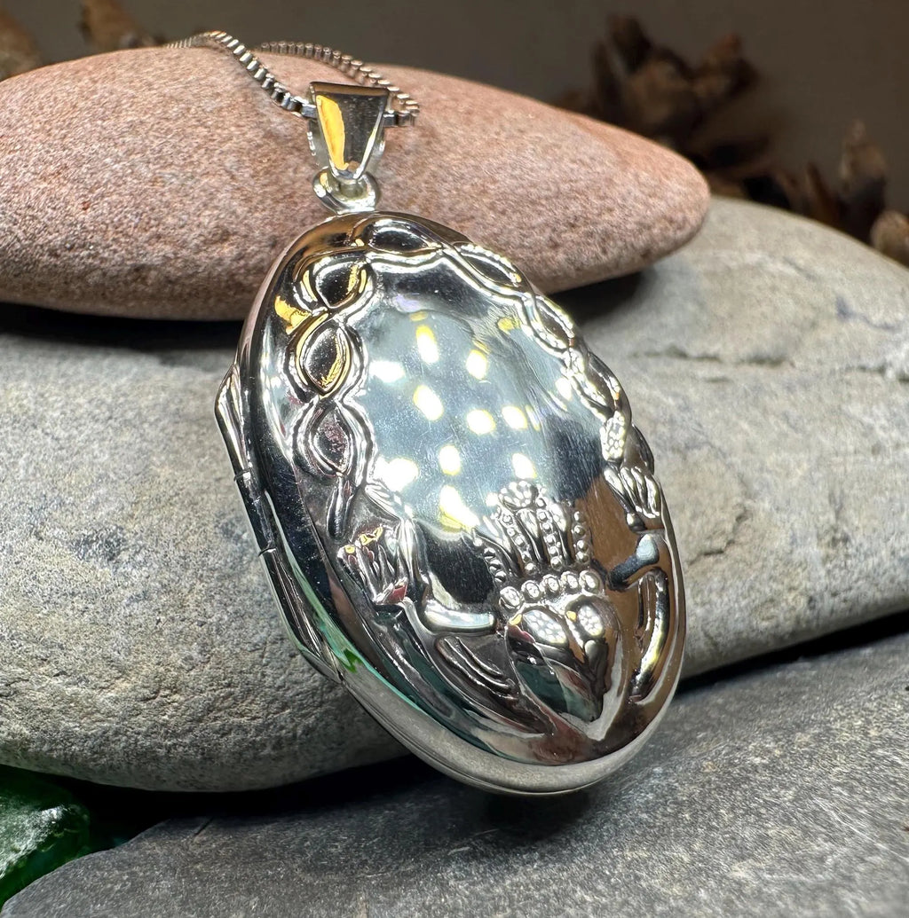 Oval Claddagh Locket Necklace in Sterling Silver