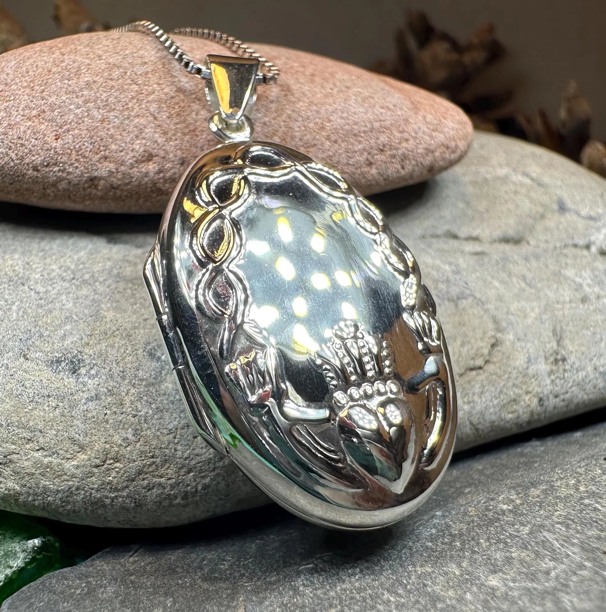 Oval Claddagh Locket Necklace in Sterling Silver