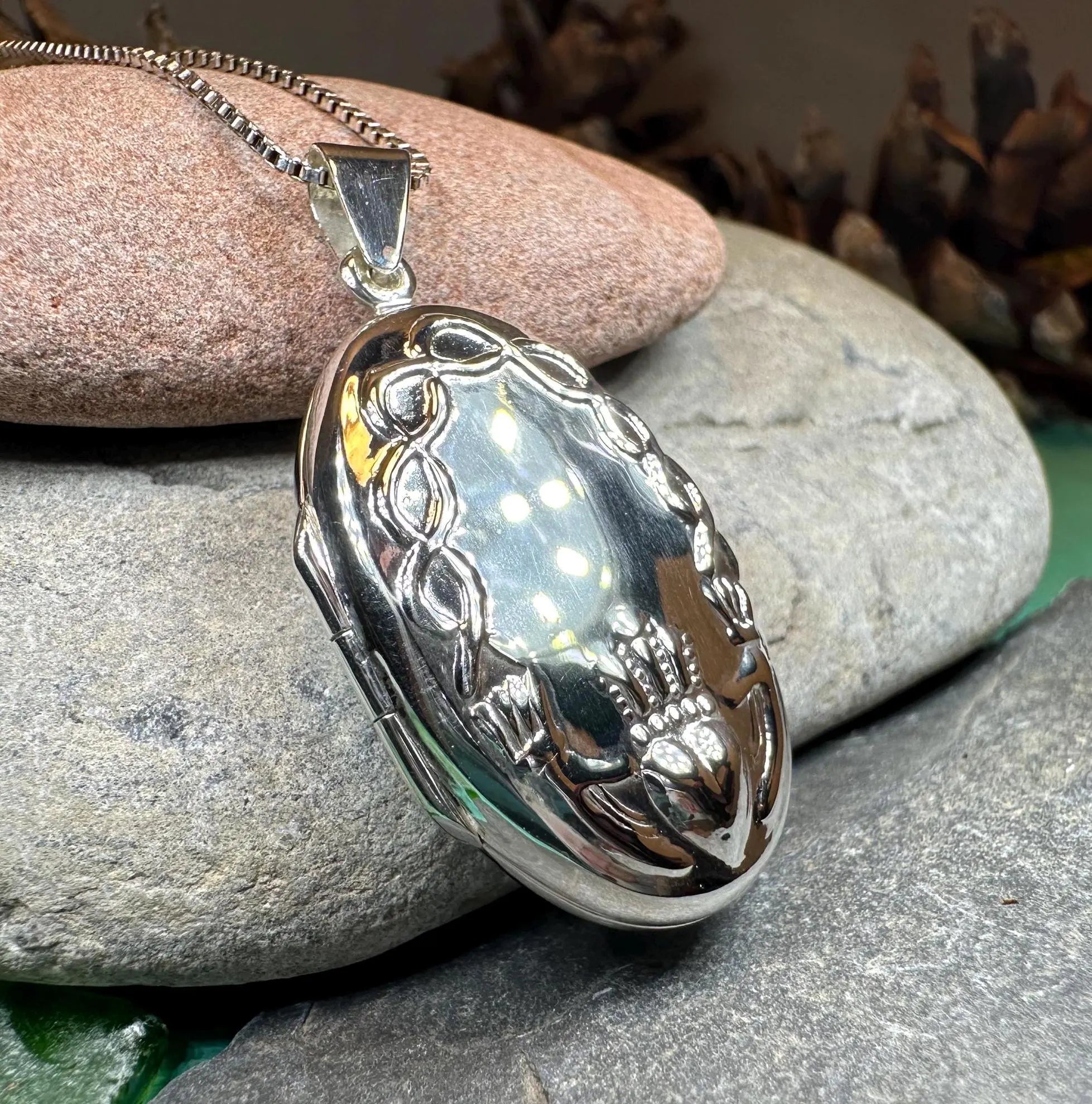 Oval Claddagh Locket Necklace in Sterling Silver