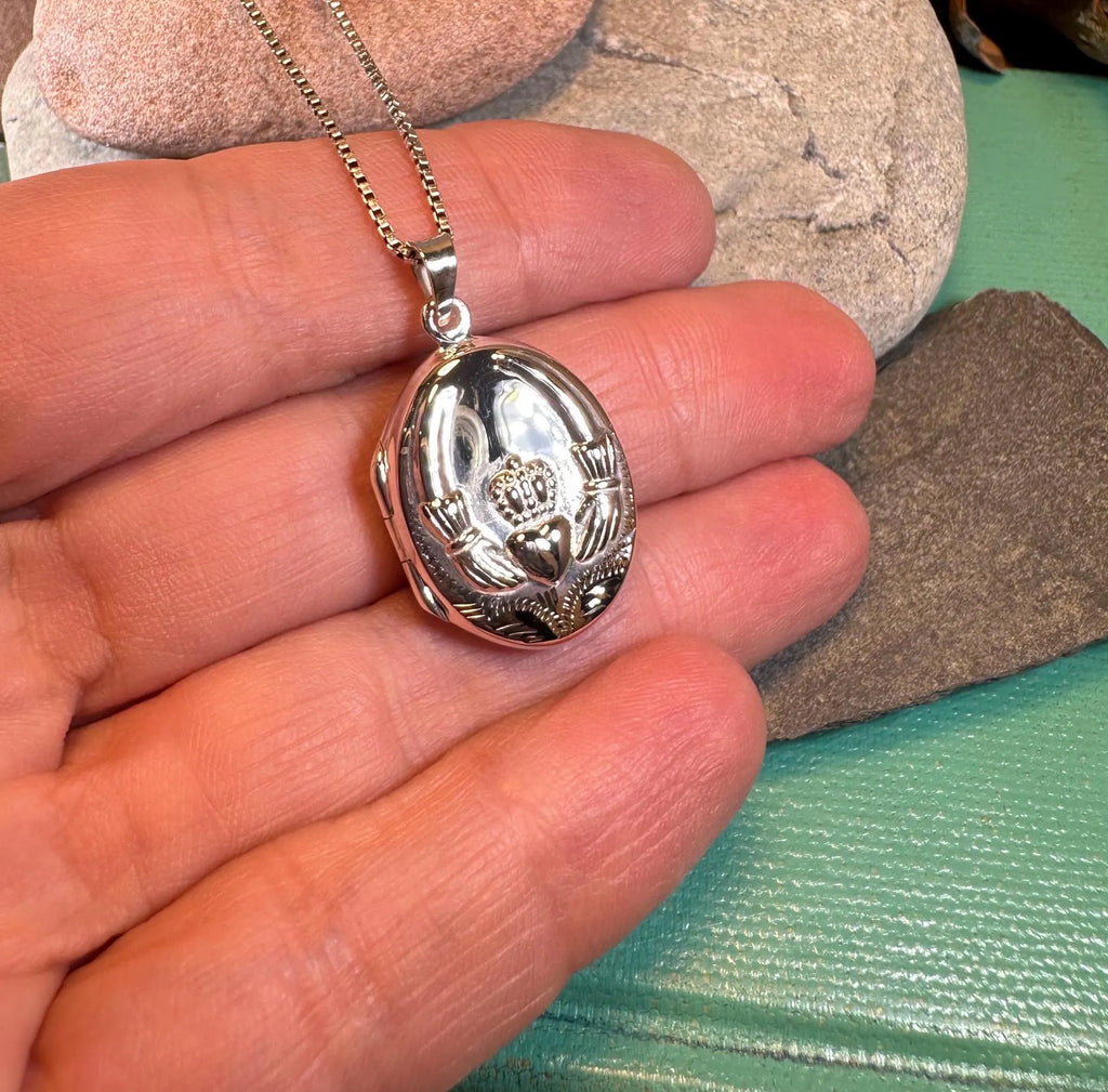Irish Claddagh Locket Necklace in Sterling Silver