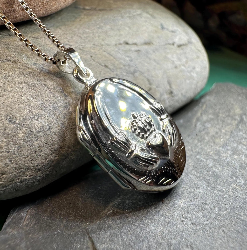 Irish Claddagh Locket Necklace in Sterling Silver