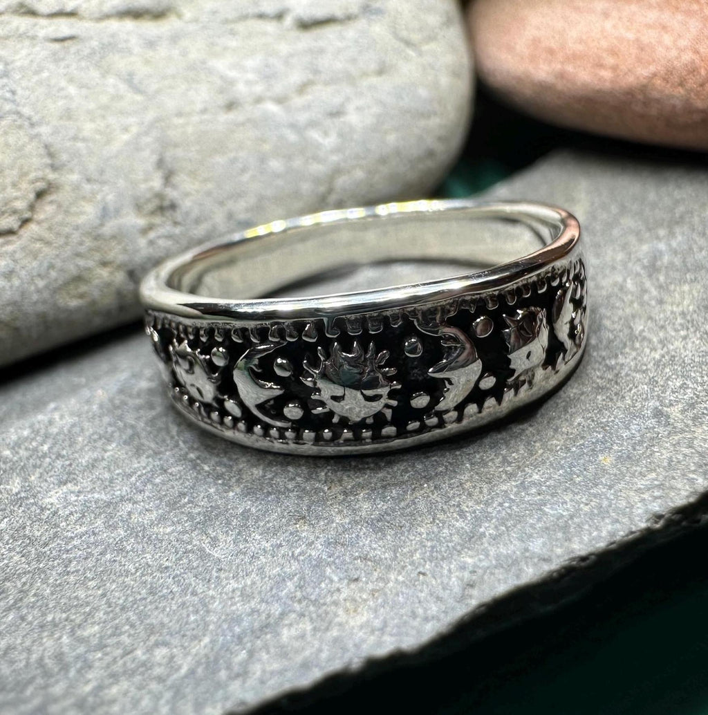 Heavenly Celestial Crescent Moon & Sun Ring in Sterling Silver