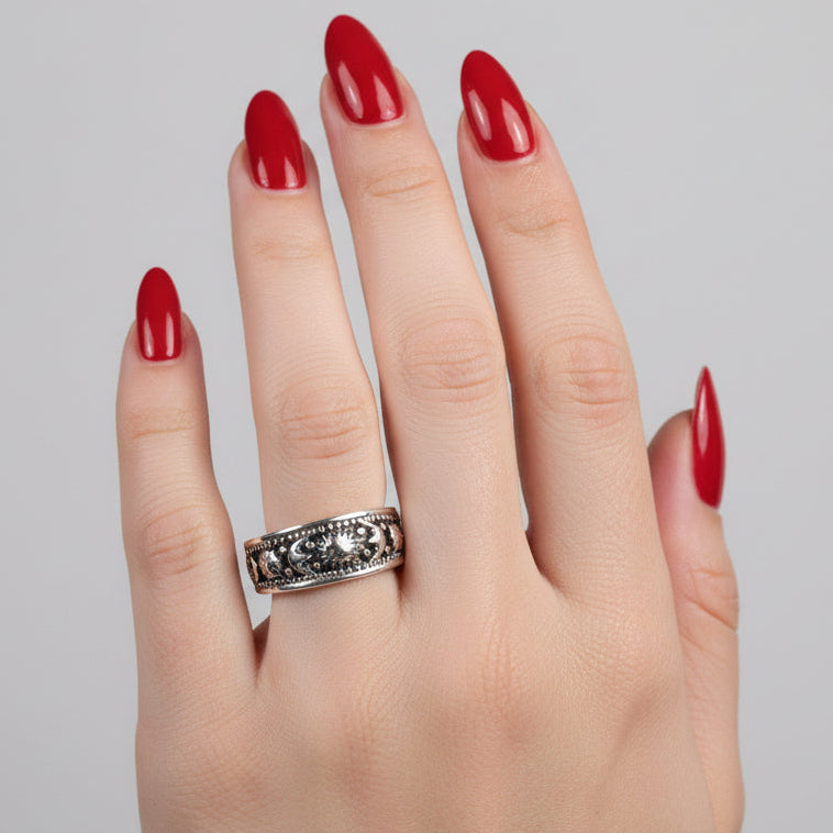 Heavenly Celestial Crescent Moon & Sun Ring in Sterling Silver