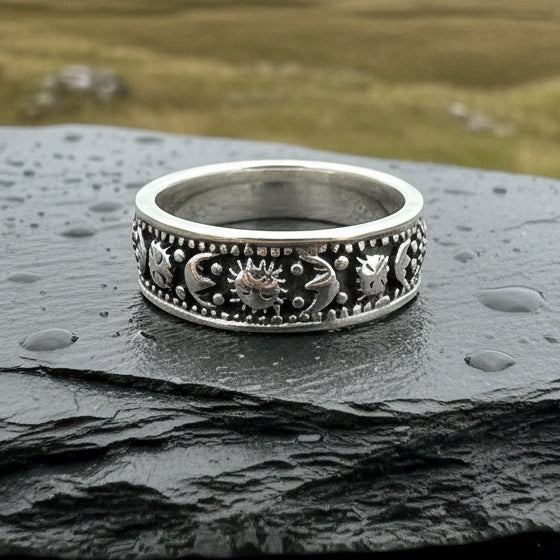 Heavenly Celestial Crescent Moon & Sun Ring in Sterling Silver