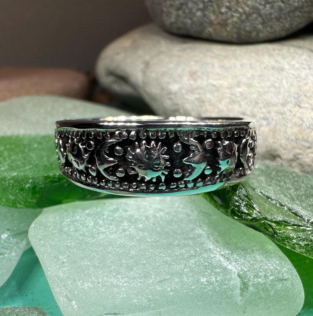 Heavenly Celestial Crescent Moon & Sun Ring in Sterling Silver