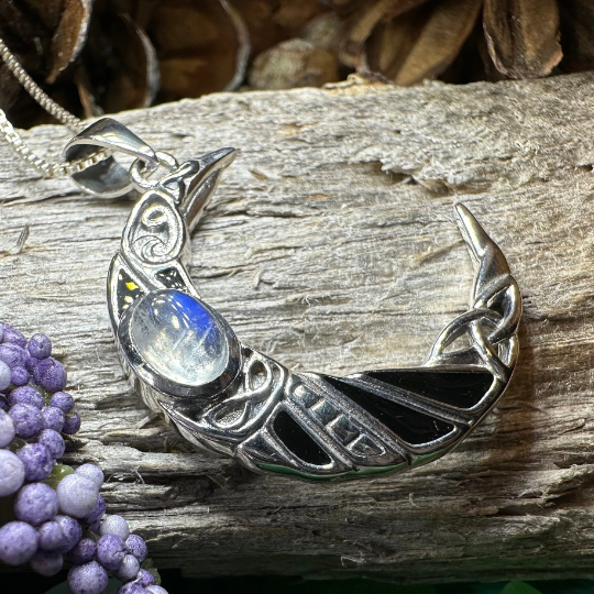 Aulay Celtic Raven Moon Necklace in Sterling Silver