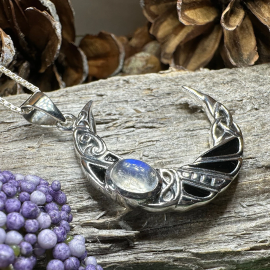 Aulay Celtic Raven Moon Necklace in Sterling Silver