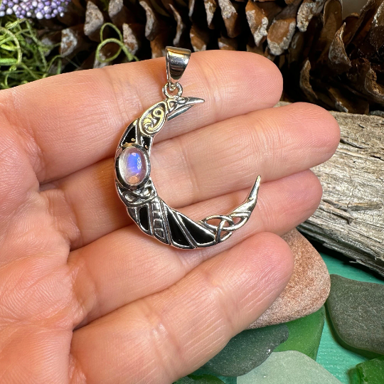 Aulay Celtic Raven Moon Necklace in Sterling Silver