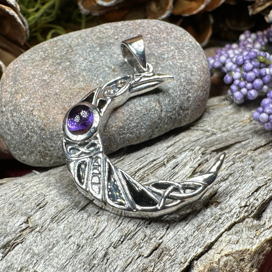Aulay Celtic Raven Moon Necklace in Sterling Silver