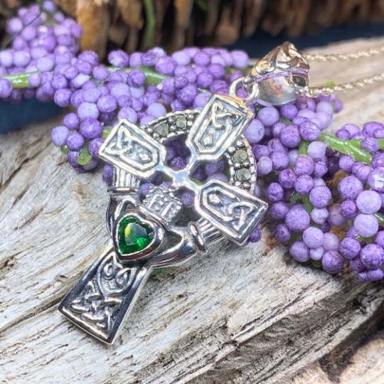 Irish Claddagh Celtic Cross Necklace in Sterling Silver