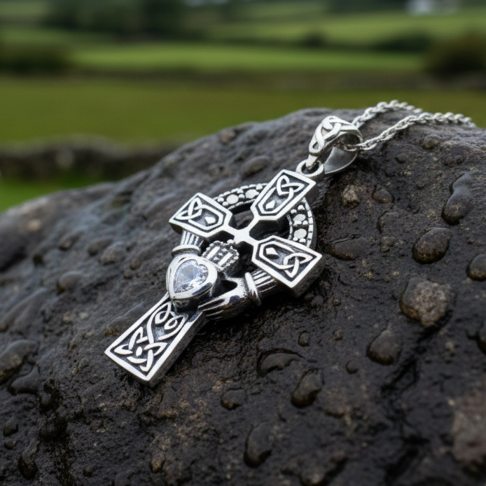 Irish Claddagh Celtic Cross Necklace in Sterling Silver
