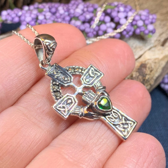 Irish Claddagh Celtic Cross Necklace in Sterling Silver