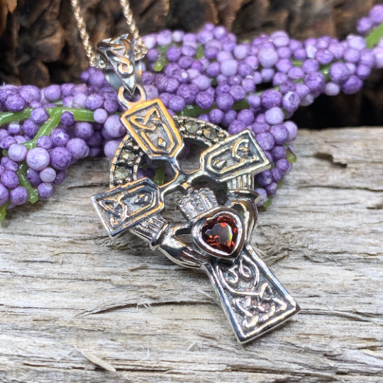 Irish Claddagh Celtic Cross Necklace in Sterling Silver