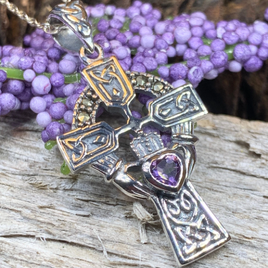 Irish Claddagh Celtic Cross Necklace in Sterling Silver