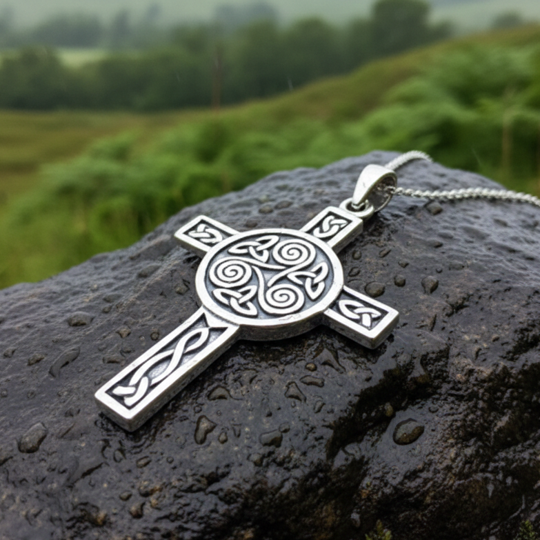 Triskel Celtic Cross Necklace in Sterling Silver