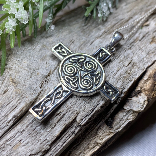 Triskel Celtic Cross Necklace in Sterling Silver