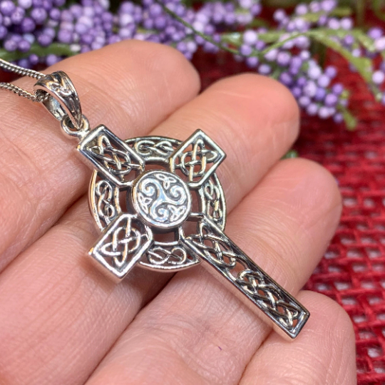 Aileran Triskele Celtic Cross Necklace in Sterling Silver