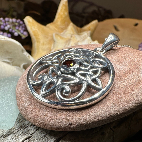 Oifa Trinity Knot Garnet Necklace in Sterling Silver