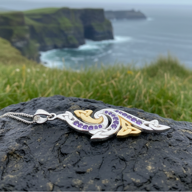 Mystic Trinity Knot Amethyst Necklace in Sterling Silver