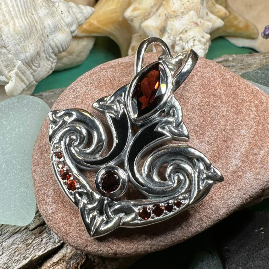 Eternal Flame Trinity Knot Garnet Necklace in Sterling Silver