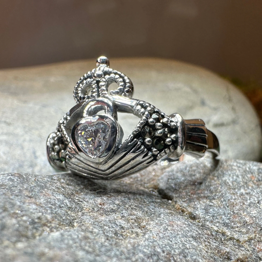 Devotion Marcasite Irish Claddagh Ring in Sterling Silver