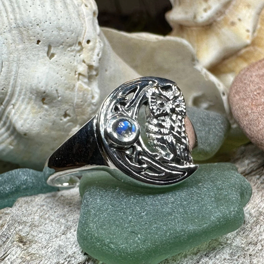 Celtic Owl Moon Ring with Moonstone
