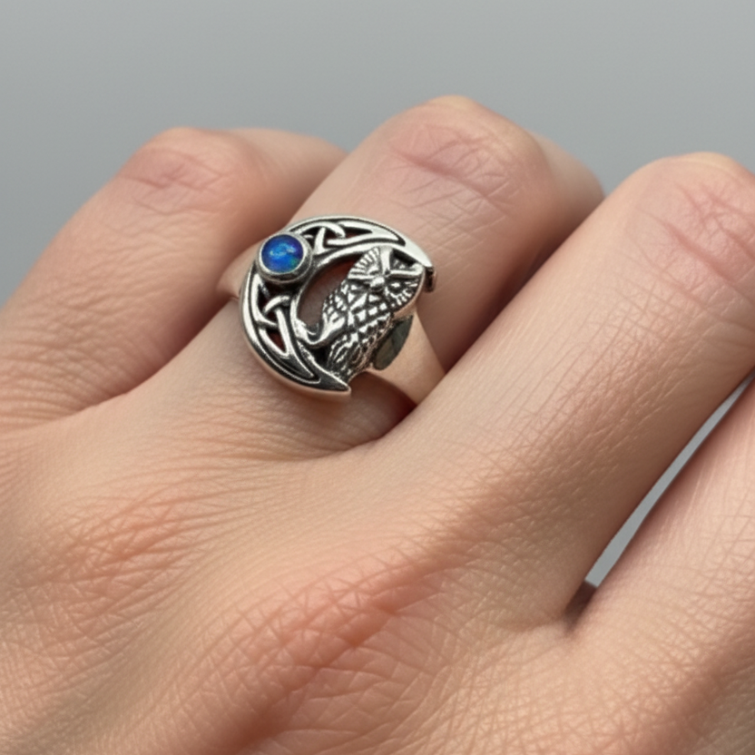 Celtic Owl Moon Ring with Moonstone