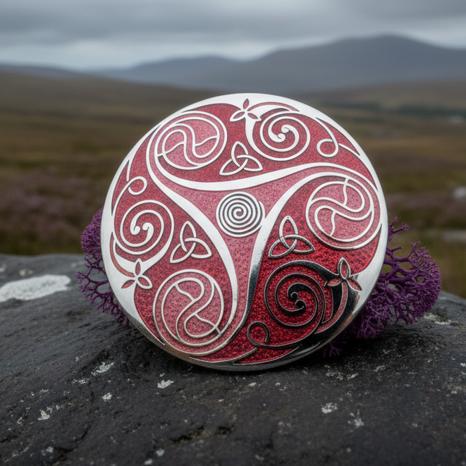 Round Enamel Triskele Knot Brooch