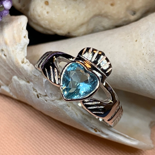 Blue Topaz Irish Claddagh Ring in Sterling Silver