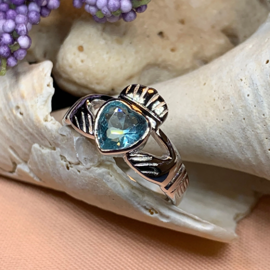Blue Topaz Irish Claddagh Ring in Sterling Silver